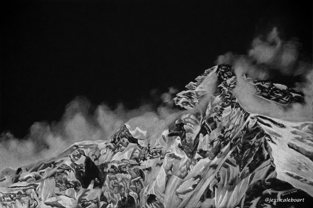 fine art white charcoal pencil drawing on black paper mountains