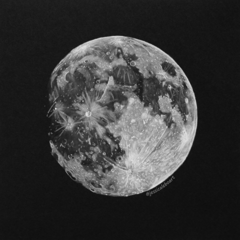 fine art white charcoal pencil drawing on black paper mooon