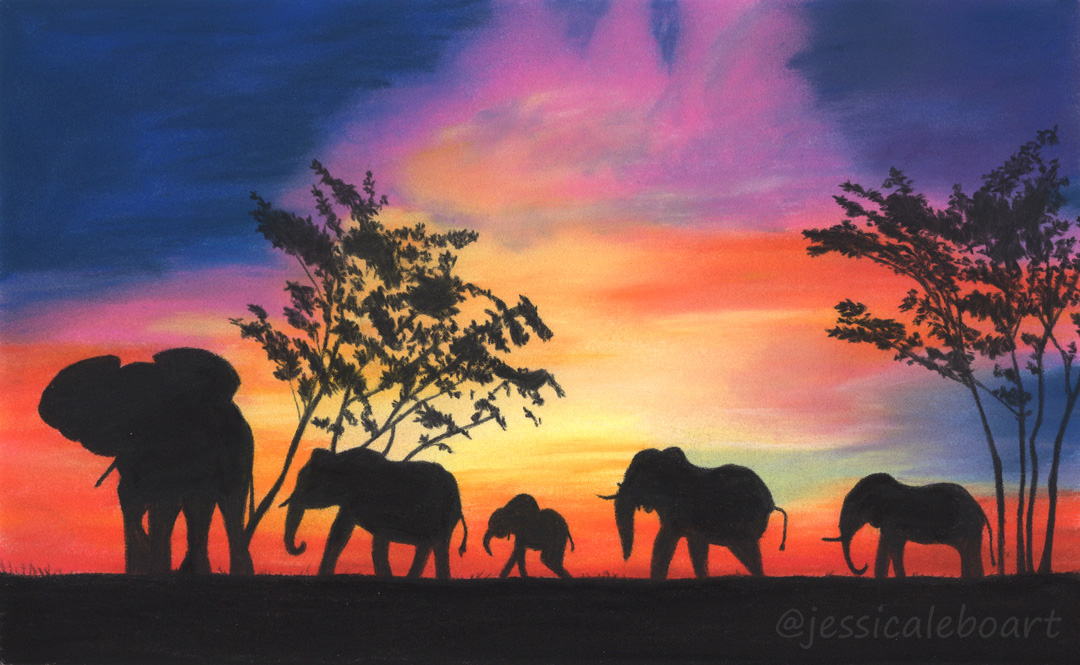 pastel realism drawing elephants sunset africa