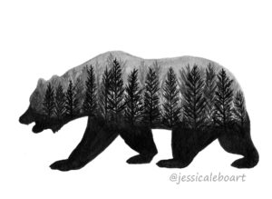 double exposure ink drawing bear forest