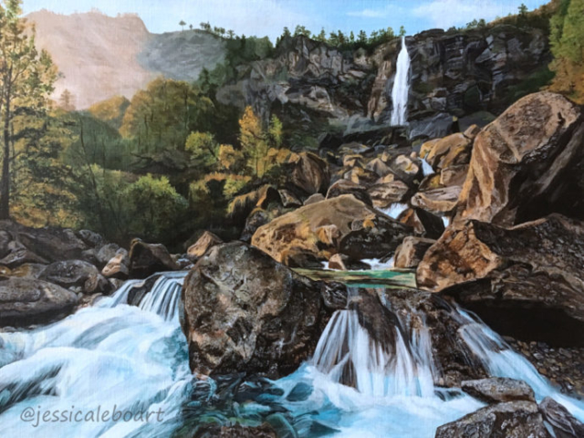 acrylic rocky waterfall realistic painting