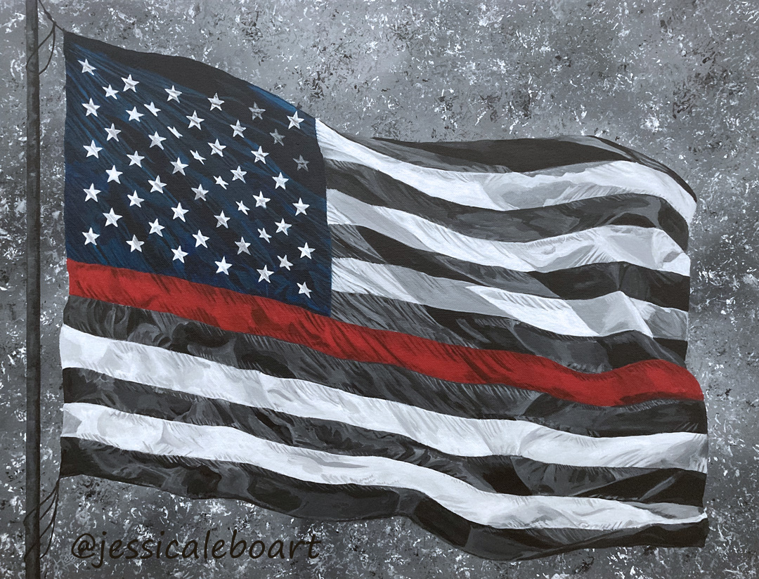 thin red line waving american flag acrylic painting