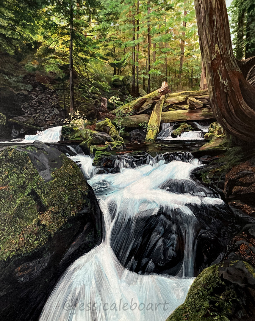 acrylic painting wooded waterfall